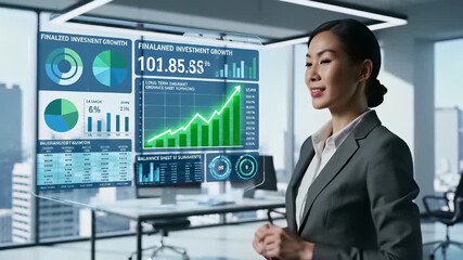 Professional businesswoman analyzing market trends, confidently standing in front of digital screen displaying financial graphs and data, emphasizing focus on informed decision making in fast.