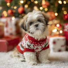 Shih Tzu's First Christmas: Adorable Puppy in Holiday Sweater