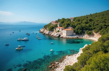 Coastal town with stone buildings on rocky hillsides overlooks clear turquoise water and moored boats. Lush green trees cover slopes above serene sea bay.