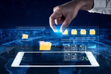 A user interface for a document management system. The dashboard provides file organization, a project workspace, and data analytics for corporate information management. Fermion