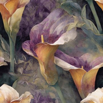 Seamless floral pattern featuring elegant Calla Lilies painted in Harvest Gold and Deep Amethyst tones on a Vintage Sage and dark textured background for vintage wallpaper designs.