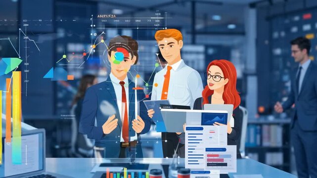 A group of professionals collaborates in a high-tech office, examining digital analytics and charts. The scene illustrates teamwork, innovation, and data-driven strategy in a business environment.