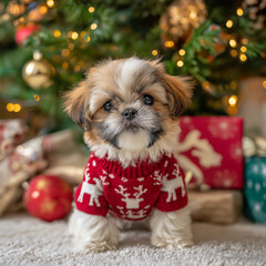 Shih Tzu's First Christmas: Adorable Puppy in Holiday Sweater