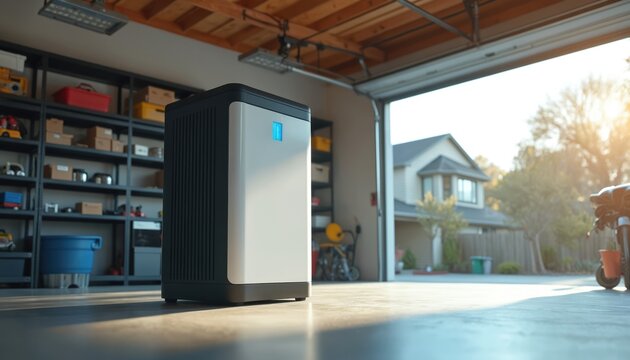 Modern home energy storage system installed in a garage. Residential power backup solution with electrical tools and storage visible. Sustainable energy solution tech innovation displayed indoors.