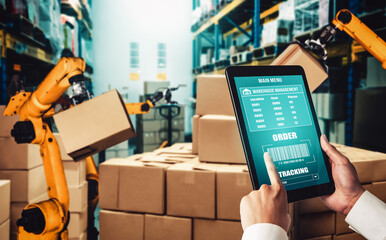 Smart robot arm systems for innovative warehouse and factory digital technology . Automation...