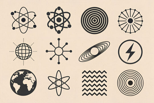 Atomic and cosmic elements: A collection of various atomic and cosmic elements, meticulously designed with sleek lines.