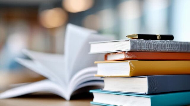 A stack of books with a pen on top. The books are open to the middle of the stack