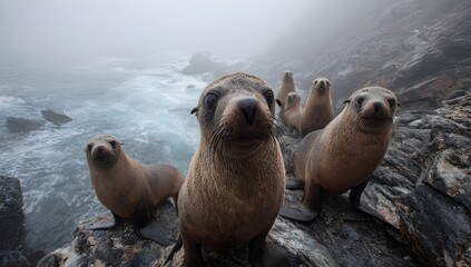 Playful group of curious seals resting on rocky shores in misty coastal weather. Close-up wildlife shot capturing natural behavior and marine atmosphere, ideal for nature and adventure themes.