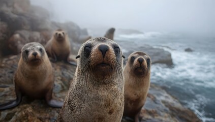 Playful group of curious seals resting on rocky shores in misty coastal weather. Close-up wildlife shot capturing natural behavior and marine atmosphere, ideal for nature and adventure themes.