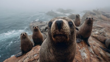 Playful group of curious seals resting on rocky shores in misty coastal weather. Close-up wildlife shot capturing natural behavior and marine atmosphere, ideal for nature and adventure themes.