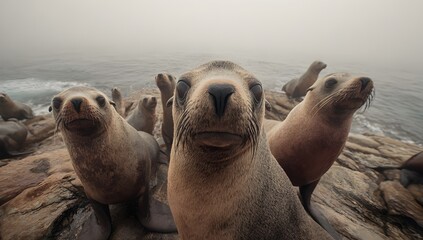 Playful group of curious seals resting on rocky shores in misty coastal weather. Close-up wildlife shot capturing natural behavior and marine atmosphere, ideal for nature and adventure themes.