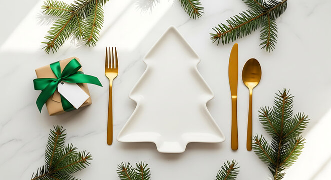 Festive Christmas Table Setting with a Tree-Shaped Plate, Gift, and Golden Cutlery - Powered by Adobe