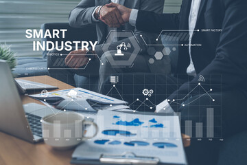 Smart industry dashboard combining automation, robotics, cloud integration, cybersecurity, and data...