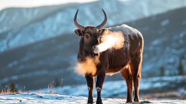 Majestic beefalo standing on snowy ridge under dramatic cloudy sky