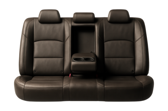Leather rear bench seat featuring a center armrest and cup holders.