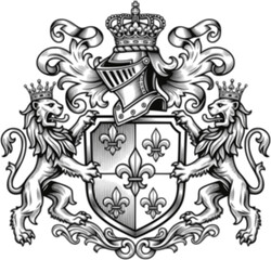 Heraldic Lion. Medieval coat of arms. Lys De Fleur. Crest depicting a lion's flank supporters shield. Knights helmet design. Vintage retro style. Engraving Royalty Emblem. Heraldy King Icon