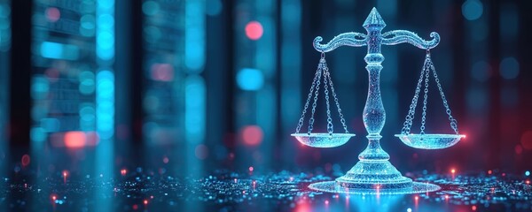 Digital law concept image features abstract scales of justice in data center setting. Symbolic representation of legal system in cyberspace, tech. Digital justice concept regulation in digital age.