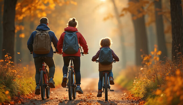 Family rides bikes on forest path, enjoying autumn leaves. Parents and child cycle together, wearing backpacks for outdoor adventure. Warm sun lights up fall scenery. - Powered by Adobe