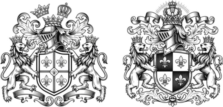 Heraldic Lion. Medieval coat of arms. Lys De Fleur. Crest depicting a lion's flank supporters shield. Knights helmet design. Vintage retro style. Engraving Royalty Emblem. Heraldy King Icon