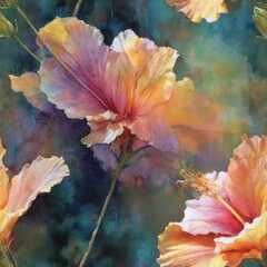 Watercolor hibiscus painting featuring Coral Pink and Apricot Orange blooms on a textured Deep Teal background