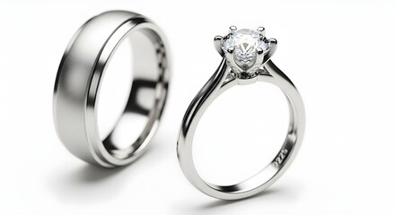 Elegant wedding band and engagement ring set against a clean white background