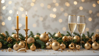 Luxurious Gold Christmas Background with Champagne, Candles, and Bokeh