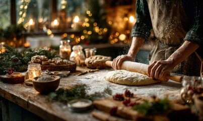 Person's hands rolling flour-dusted dough on a rustic wooden table with festive christmas decorations and warm lights