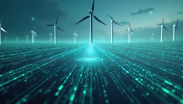 Digital network connects offshore wind turbines. Futuristic AI manages clean energy production. Futuristic data streams show smart grid efficiency. Power generation advances global sustainability