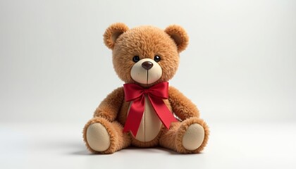 Obraz premium Brown teddy bear sitting with red ribbon on white background 