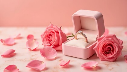 Romantic jewelry ring in pink box with roses and petals on table