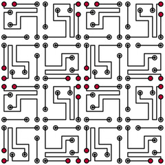 Monochrome technology geometric seamless pattern. Black red circle and lines on white background. Mosaic square tile. Complicated texture background. Clear strict ornament