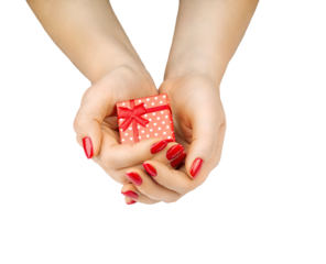hand and gift. Hand holding a red small gift in the hand. Image cutout on a transparent background. PNG
