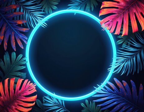 Tropical leaves surround neon blue circle on dark background. Vibrant plants frame glowing ring with empty space for text. Colorful palm leaves create futuristic abstract design.
