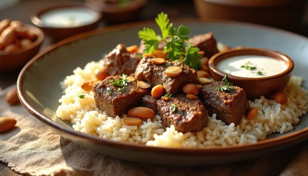 Savory Jordanian mansaf dish with tender lamb pieces over fluffy rice. Topped with almonds, parsley, and served with creamy yogurt sauce. A traditional Middle Eastern food.