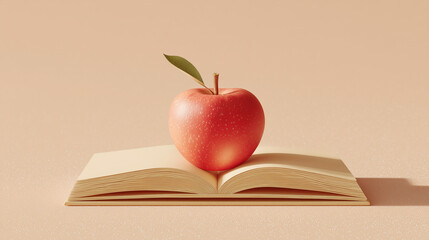 Red apple placed on an open book with a green leaf on beige background  