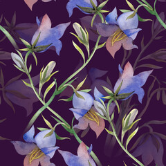 Seamless pattern with painted blue wildflowers. Watercolor illustration with bells on a dark background. Seamless floral background for wallpaper, textiles and printing.