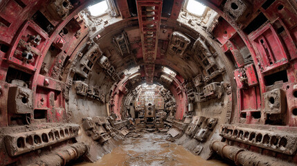 Rusty interior of an old tunnel boring machine in an abandoned site