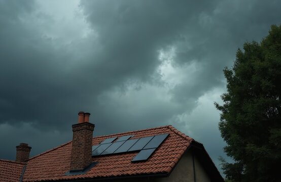 Dark storm clouds loom over house rooftop with solar panels. Menacing weather above a building. Rain approaches and coming soon. It is heavy with rain. Concept green solutions for power