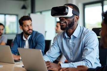 African American business executive using virtual reality technology for collaboration in contemporary office environment