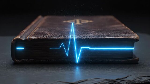 Ancient book awakens with glowing blue spark. Energy pulse evolves into rhythmic heartbeat line. Cinematic magic of knowledge reviving in closeup sequence.