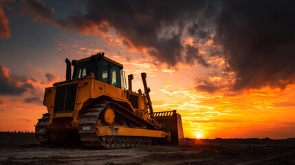 Heavy machinery working at sunset on a construction site