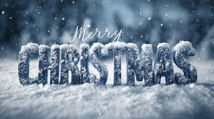 Snow-covered Merry Christmas decoration in a winter scene