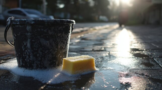 Stunning photo of black soapy water foam plastic bucket sponge soap suds car wash sunlight reflection outdoor cleaning service wet garden house driveway pavement shiny surface.