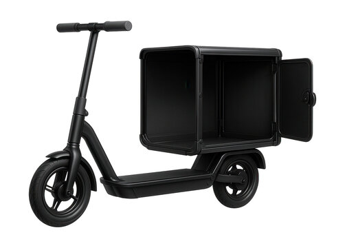 Collapsible cargo enclosure side-loading scooter for efficient transport.