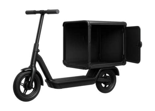 Collapsible cargo enclosure side-loading scooter for efficient transport.