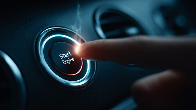 Touching the start button to ignite the car engine at twilight