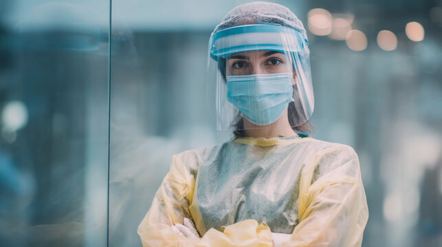 Healthcare worker wearing protective gear in a medical facility