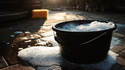 Stunning photo of black soapy water foam plastic bucket sponge soap suds car wash sunlight reflection outdoor cleaning service wet garden house driveway pavement shiny surface.