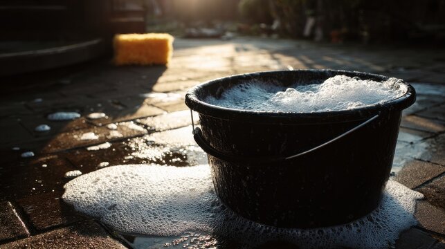 Stunning photo of black soapy water foam plastic bucket sponge soap suds car wash sunlight reflection outdoor cleaning service wet garden house driveway pavement shiny surface. - Powered by Adobe