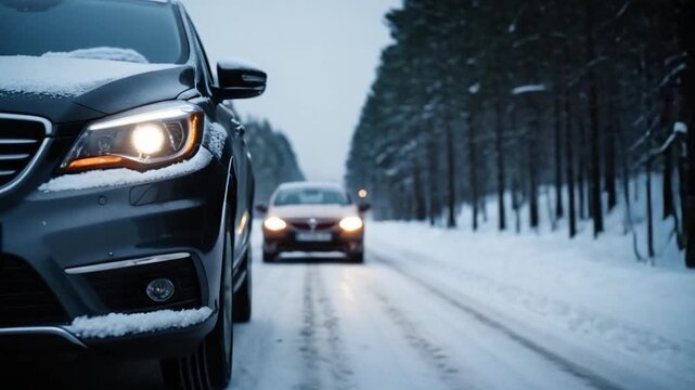 Two cars driving on a snowy road